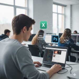 Student learning 3-month computer course for career growth