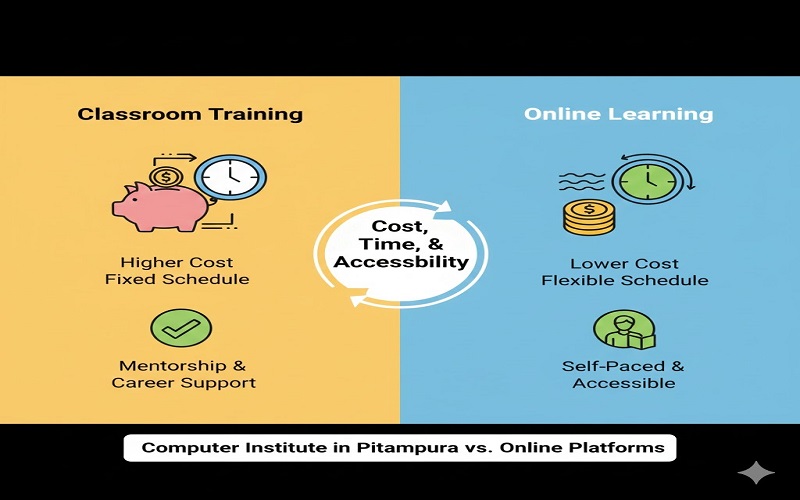 A visual comparison showing the premium value of a Computer Institute in Pitampura with mentorship and career support on one side, and the budget-friendly, anytime-access nature of online learning on the other.
